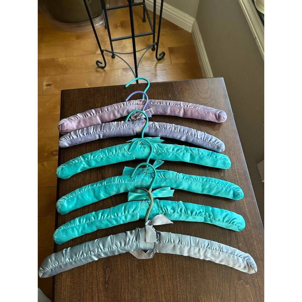 6 Vintage satin padded clothes hangers ribbon bows purple, turquoise, silver